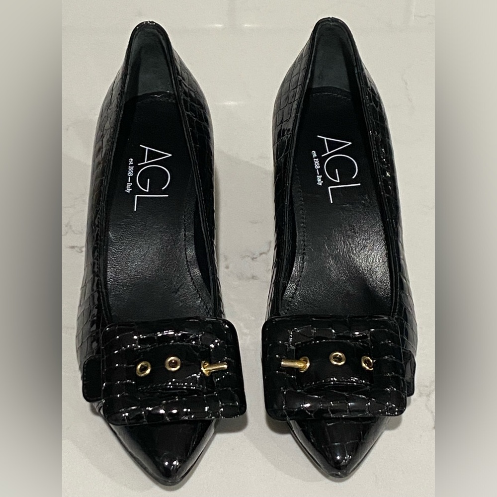 AGL Black Crocodile Print Leather Block Heel Buckle Pumps Women’s Size 35 New - Picture 13 of 15